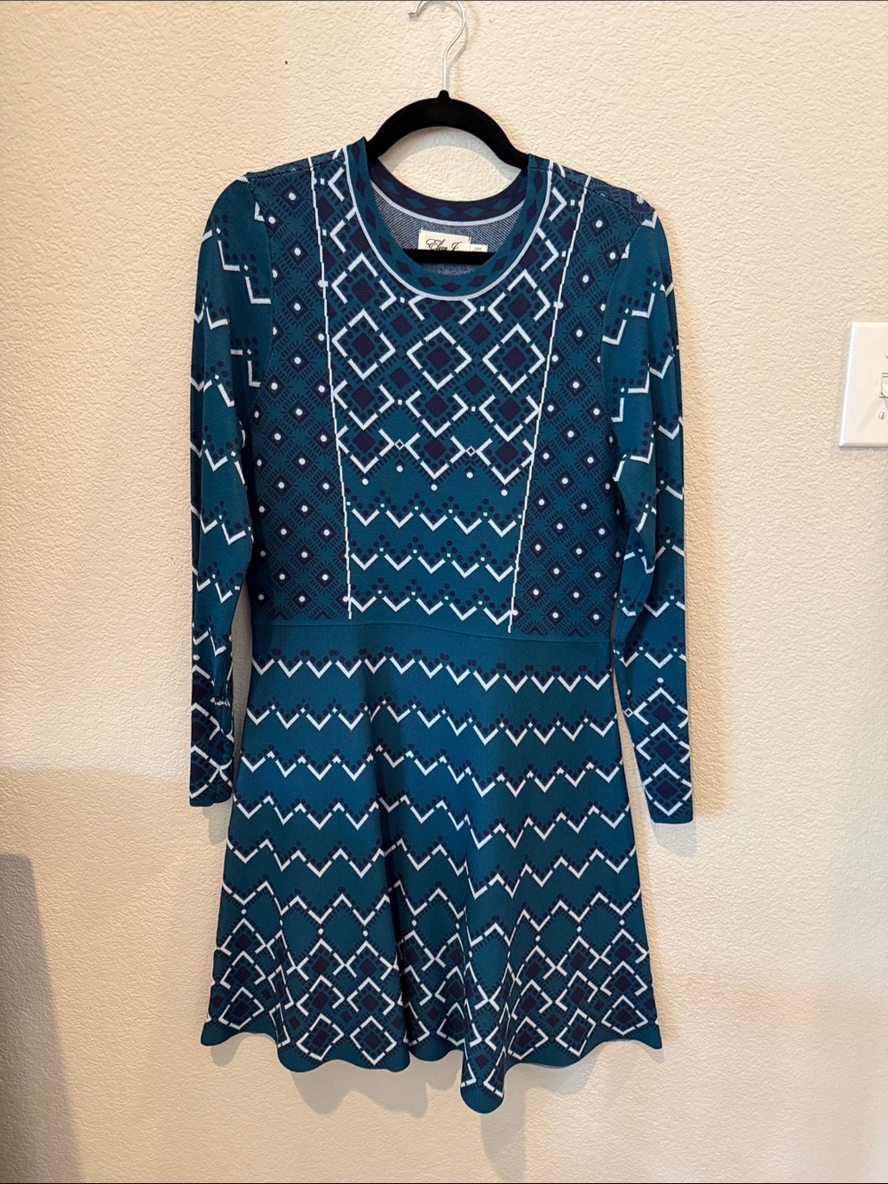 Eliza J Teal and Navy Patterned Long-Sleeve Dress